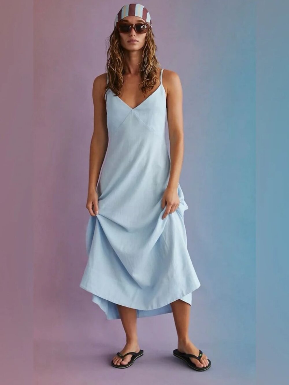 FREE PEOPLE Emmers Linen Midi Slip Dress Sleeveless Beach Light Blue Size XS